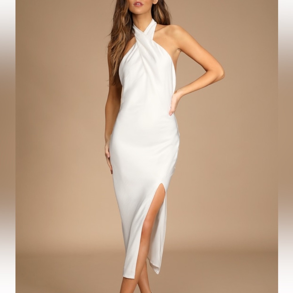 Lulus Beyond Classy White Satin Halter Midi
Dress